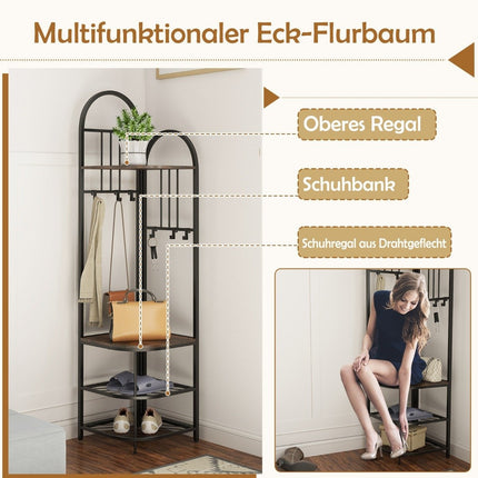Corner coat rack with shoe storage bench &amp; 6 Removable Hooks 4 Tier Clothes Rack Brown