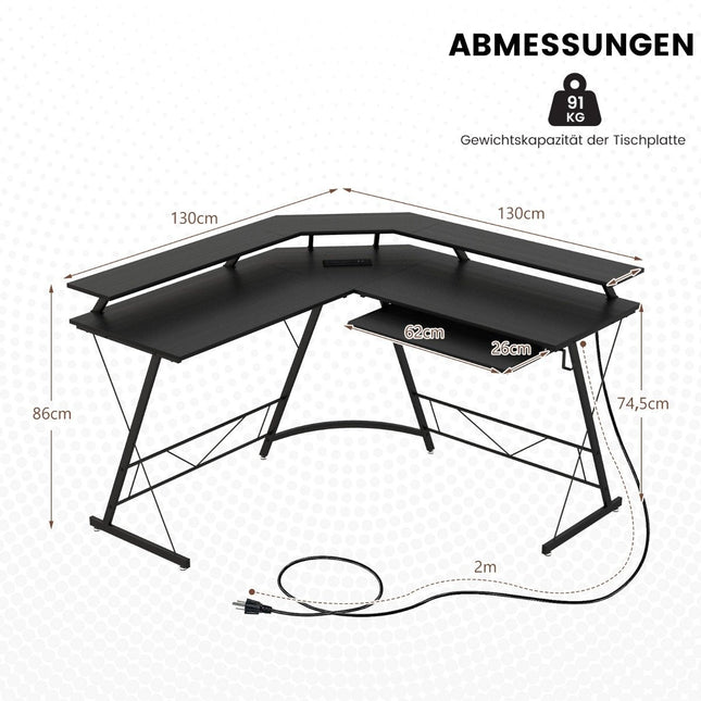 Corner desk with socket & USB charging port & monitor stand black