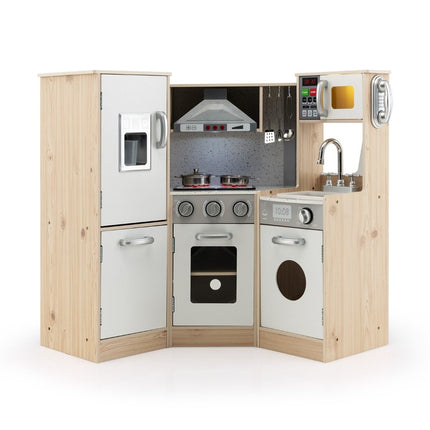 Corner kitchen Corner play kitchen with sound and light Children's kitchen made of wood including play accessories White + Natural