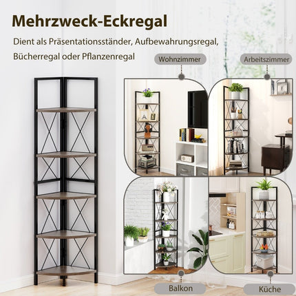 Corner shelf with 5 levels 160 cm high bookcase wooden standing shelf with metal frame oak gray