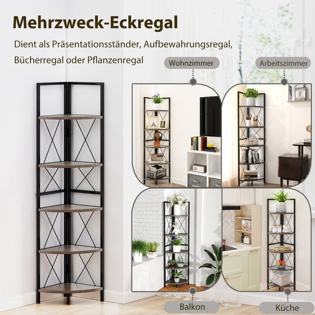 Corner shelf with 5 levels 160 cm high bookcase wooden standing shelf with metal frame oak gray