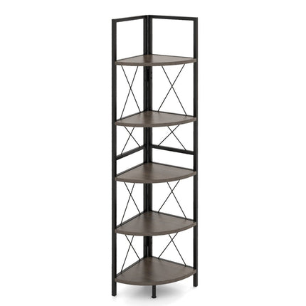 Corner shelf with 5 levels 160 cm high bookcase wooden standing shelf with metal frame oak gray