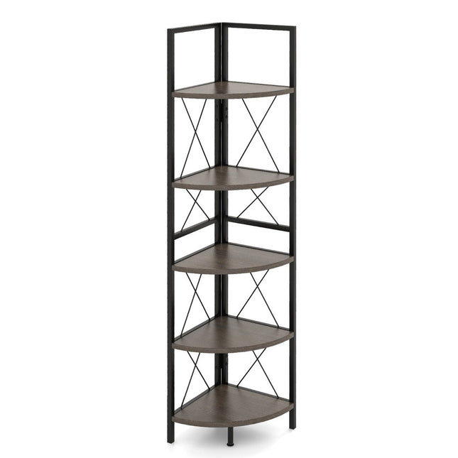 Corner shelf with 5 levels 160 cm high bookcase wooden standing shelf with metal frame oak gray