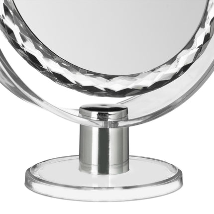 Cosmetic mirror with magnification standing