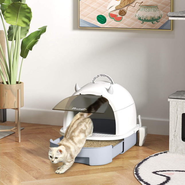 Covered Cat Litter Box with Drawer and Scoop, Grey/White
