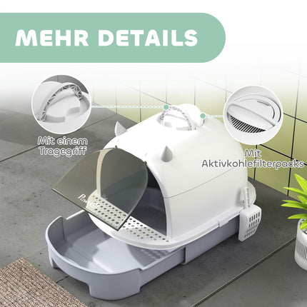 Covered Cat Litter Box with Drawer and Scoop, Grey/White