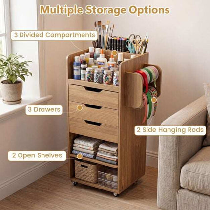 Craft Storage Trolley with Drawers and Shelves, Natural