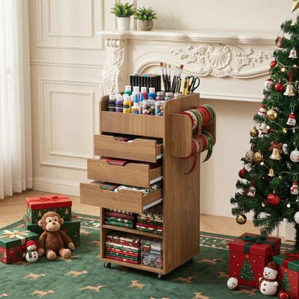 Craft Storage Trolley with Drawers and Shelves, Natural