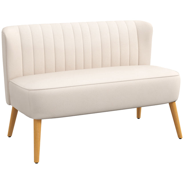 Kremowo-biała sofa dwuosobowa, trwała tkanina, drewniane nogi