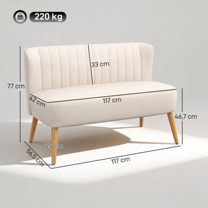 Cream White 2-Seater Sofa, Durable Fabric, Wood Legs