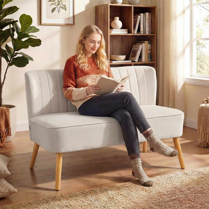 Cream White 2-Seater Sofa, Durable Fabric, Wood Legs