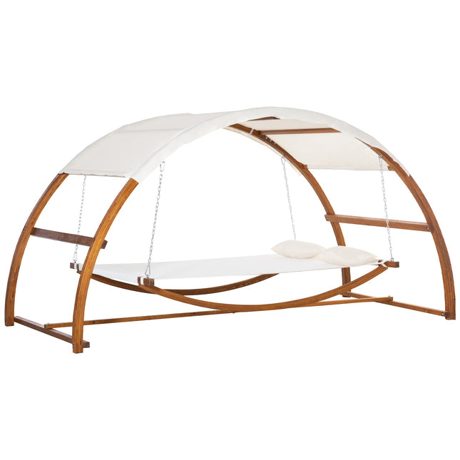 Hangmat Met Houten Frame En Zonnekap Hangmat Met 2 Kussens Staafhangmat Buiten Binnen Crème Wit + Naturel 322 X 160 X 173 Cm
