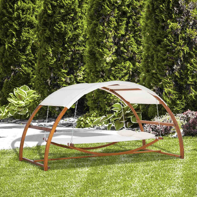 Hangmat Met Houten Frame En Zonnekap Hangmat Met 2 Kussens Staafhangmat Buiten Binnen Crème Wit + Naturel 322 X 160 X 173 Cm