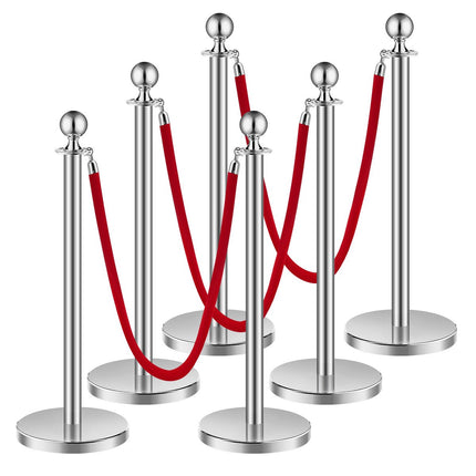 Crowd Control Stanchion Post Set, 6 Pcs, 3 Red Ropes