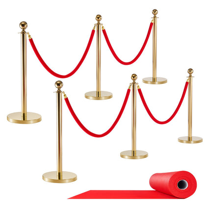 Crowd Control Stanchion Set, 6 Posts, 4 Velvet Ropes, Gold