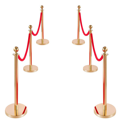 Crowd Control Stanchion Set, 6 Posts, 4 Velvet Ropes, Gold