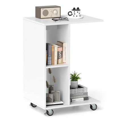 C-shaped side table, narrow side table with shelves, mobile bedside table for living room, white
