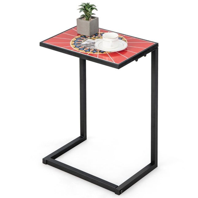 C-shaped side table sofa table with metal frame patio table 46.5 x 32 x 65.5 cm black + red