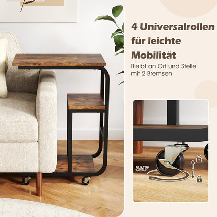 C-shaped side table with open shelves and lockable wheels. Space-saving sofa table