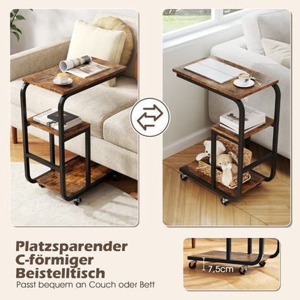 C-shaped side table with open shelves and lockable wheels. Space-saving sofa table