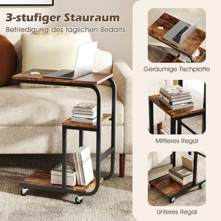 C-shaped side table with open shelves and lockable wheels. Space-saving sofa table