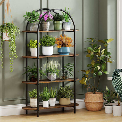 Curved 4-Tier Bookshelf with Metal Frame and Wood Shelves