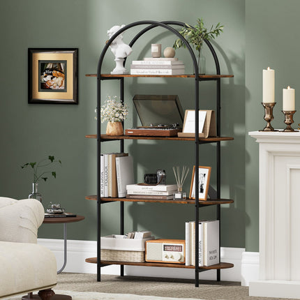 Curved 4-Tier Bookshelf with Metal Frame and Wood Shelves