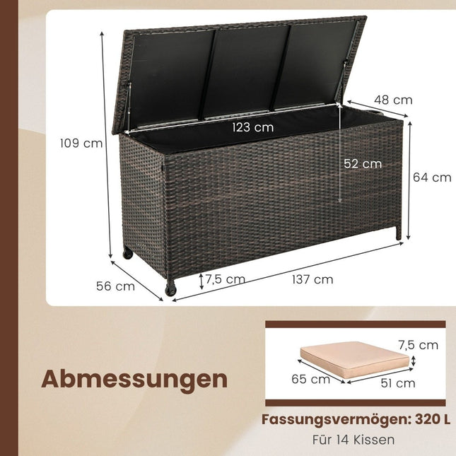 Cushion box with wheels & 320 L capacity Waterproof poly rattan cushion box brown