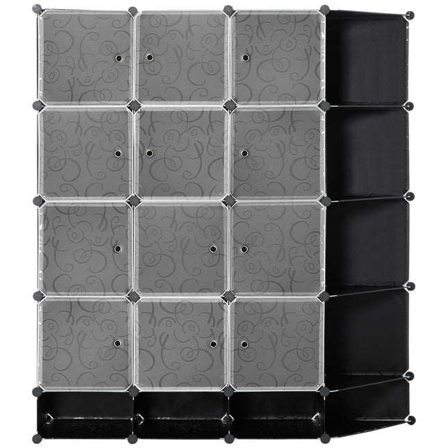 Modular wardrobe shelving system with 16 cubes and 2 rods