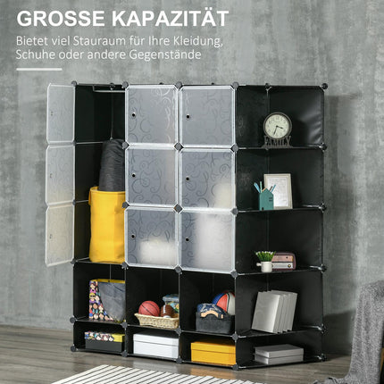 Modular wardrobe shelving system with 16 cubes and 2 rods