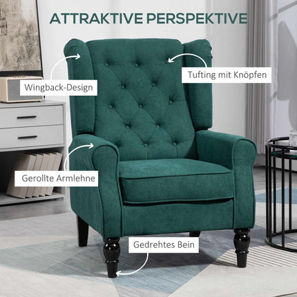 Dark Green Wingback Chair, Removable Cover, 74 x 86 x 102 cm
