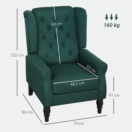 Dark Green Wingback Chair with Foam Cushions, Wood Frame