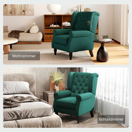 Dark Green Wingback Chair with Foam Cushions, Wood Frame