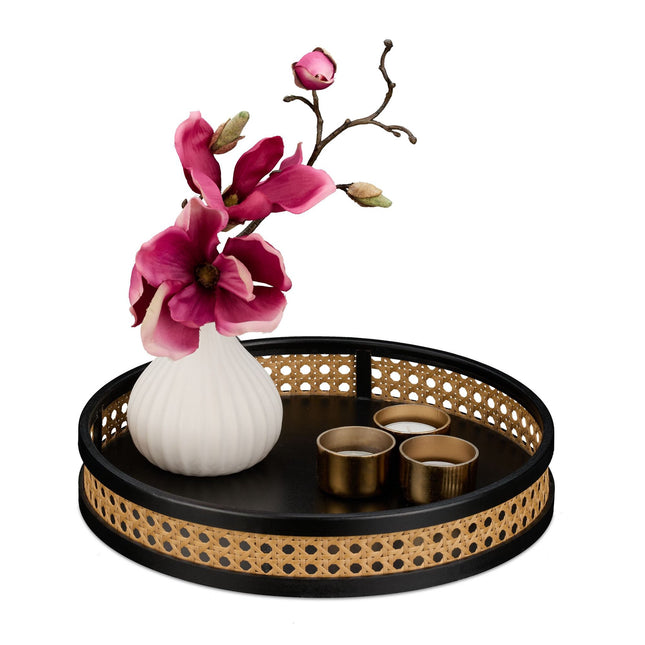 Decorative Wooden Tray with Rattan Edge – Black