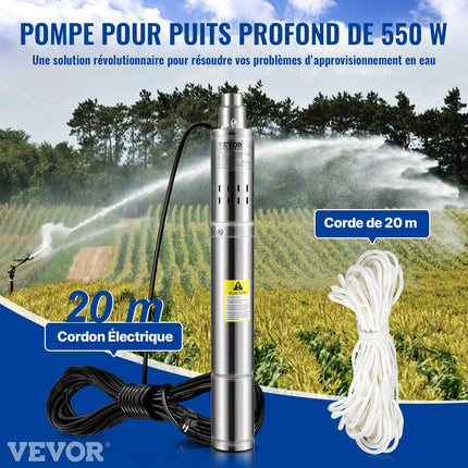 Deep Well Submersible Pump, 550W, 108 m Head, 20 m Cord