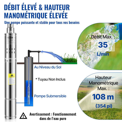 Deep Well Submersible Pump, 550W, 108 m Head, 20 m Cord