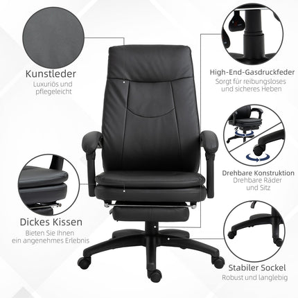 Ergonomic black office chair with footrest, padded backrest