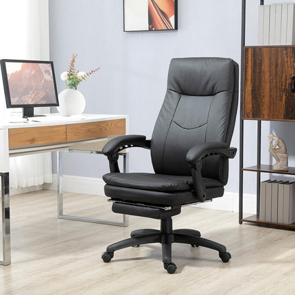 Ergonomic black office chair with footrest, padded backrest