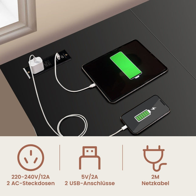 Desk L-Shape Corner Desk with Sockets &amp; USB ports 120 x 120 x 75 cm black