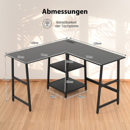 Desk L-Shape Corner Desk with Sockets &amp; USB ports 120 x 120 x 75 cm black