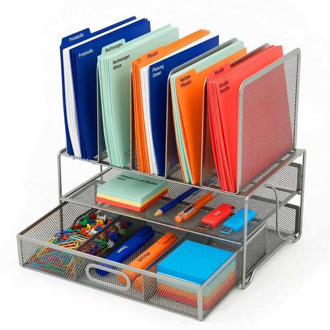 Desk Organizer, 6 Compartments, Drawer, Steel Mesh