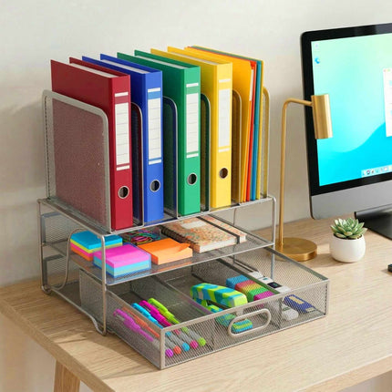 Desk Organizer, 6 Compartments, Drawer, Steel Mesh