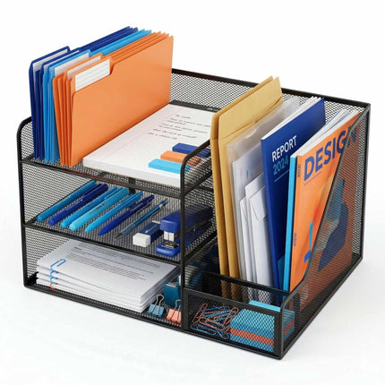 Desk Organizer, Metal Mesh, 5 Compartments, File Slot