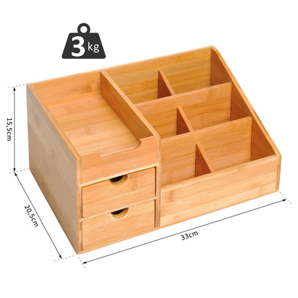 Desk organizer with 2 drawers, natural wood finish