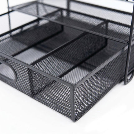 Desk Organizer With 6 Compartments, Drawer, Steel Mesh