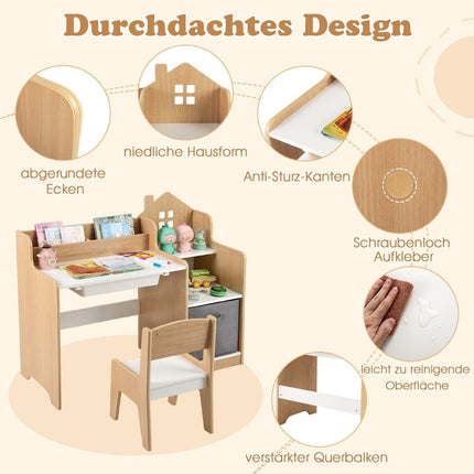 Desk & chair set for children Student table with open shelves White + Natural