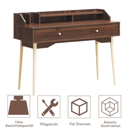 Desk computer table with drawer office table made of solid wood PC workstation console table brown