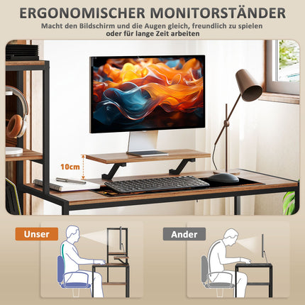 Brown desk with monitor and CPU stand, 4 shelves - 150x48x125 cm