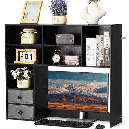 Desktop Bookshelf Hutch, 3-Tier, 2 Fabric Drawers, Black