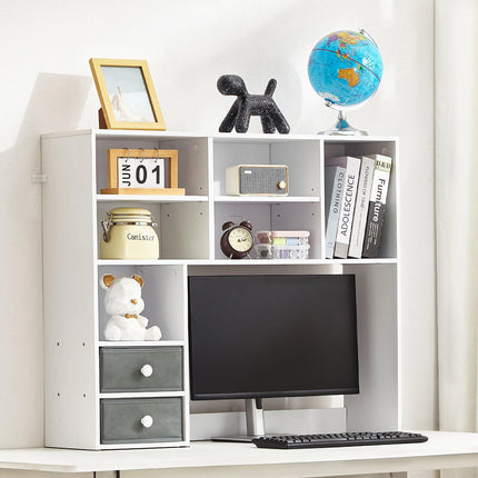 Desktop Bookshelf Hutch, 3-Tier, 2 Fabric Drawers, White